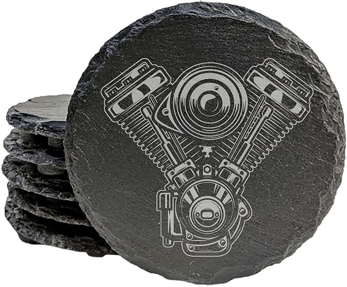 Rev Up Your Ride: V-Twin Engine Coasters for Bikers - Round Slate - Set of 8