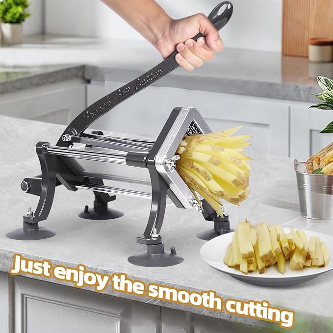 French Fry Cutter Commercial Grade Potato Slicer with Stand Suction Feet Complete Set, Includes 1/4", 3/8", 1/2", 2 Pieces L Stand