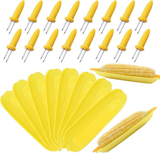 Corn Dishes and Holders - 16 Pack Holders, 8 Pack Dishes - Stainless Steel, Perfect for Corn on the Cob