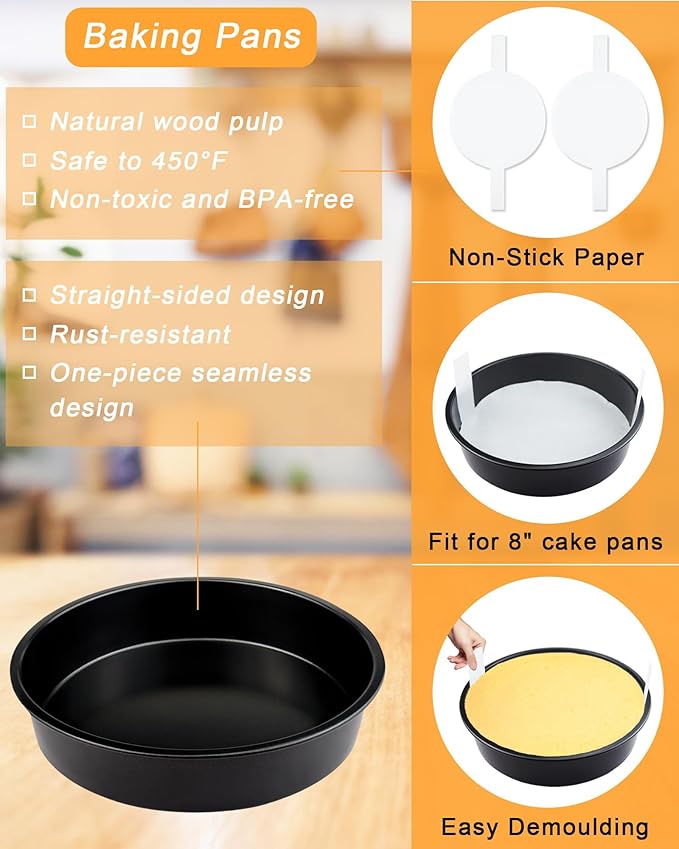 8 Inch Round Cake Pan Set of 3, Non-stick Carbon Steel Baking Pans with 100 Pcs Pre-Cut Parchment Paper, Durable Layer Cake Pans for Birthday/Christmas, Dishwasher Safe