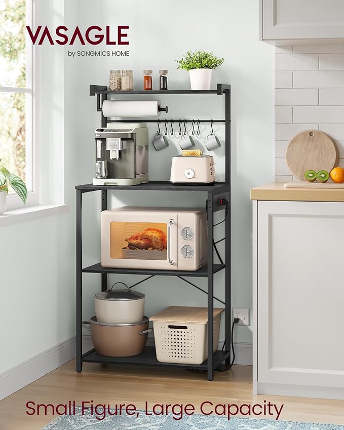 VASAGLE Kitchen Bakers Rack with Power Outlet, Coffee Bar 4-Tier with 8 S Hooks, Microwave Stand, Adjustable Shelf, for Small Spaces, Charcoal Gray and Ink Black UKKS014B01V1