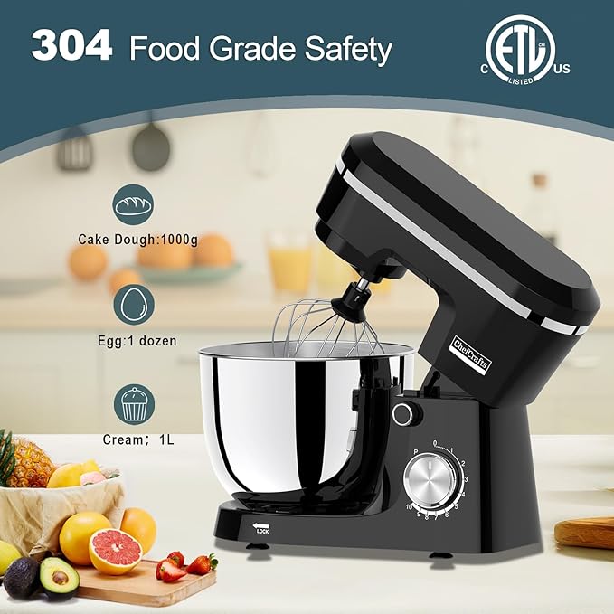 Household Stand Mixer with 6.5 Quart Bowl, Electric Food Mixer 10+p Speeds 660W, Kitchen Tilt-Head Bread Dough and Cake Mixers with Dough Hook, Whisk, Beater, Splash Guard and Egg Separator (Black)