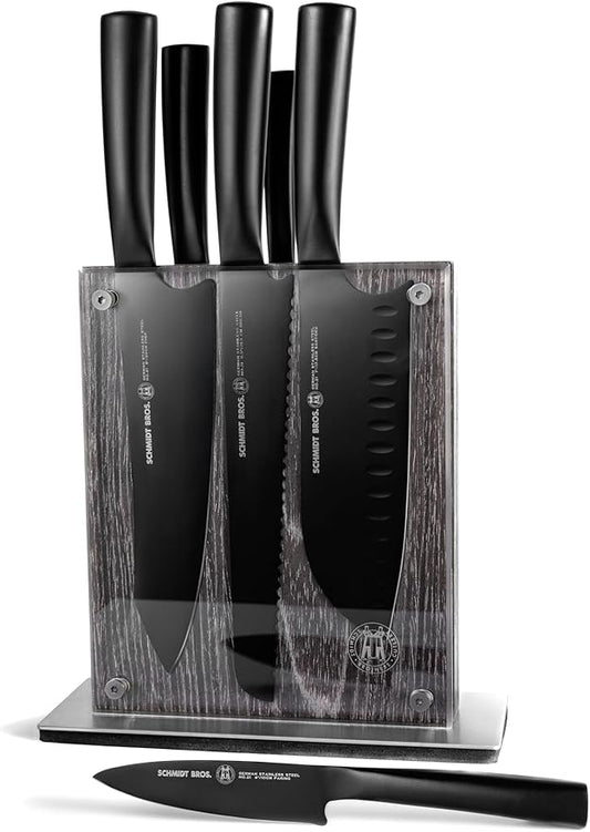 Schmidt Brothers - Jet Black Series 7-Piece Kitchen Knife Set, High-Carbon German Stainless Steel Cutlery, Pure Matte Black Titanium Finish With Clear Acrylic Magnetic Knife Block