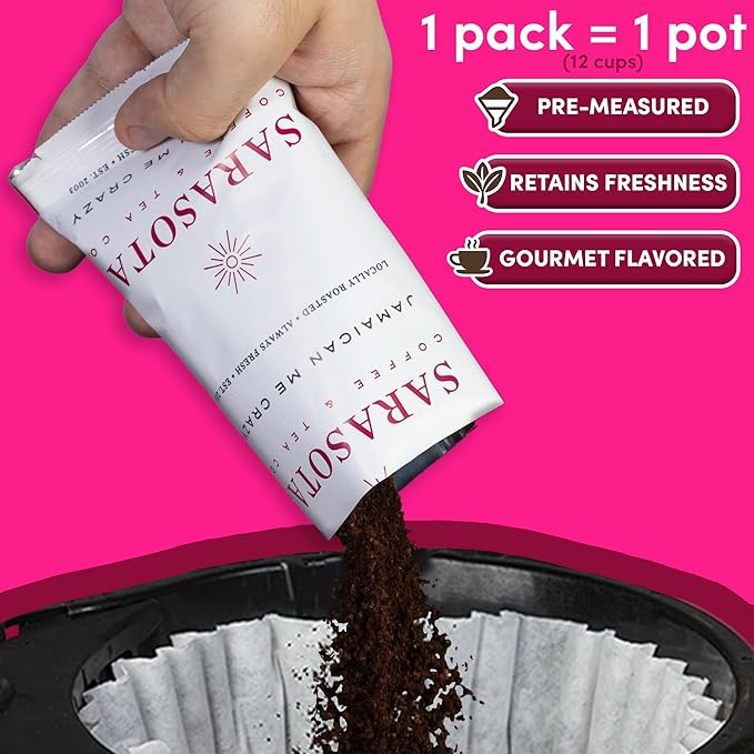 Sarasota Coffee Ground Packets | Gourmet Flavored Medium Roast Bulk Coffee Packs | Jamaican Me Crazy | Low Acid Mold Free Singles Individual Pouches for 12 Cups | 2.5 Ounce Bags, 36 Count