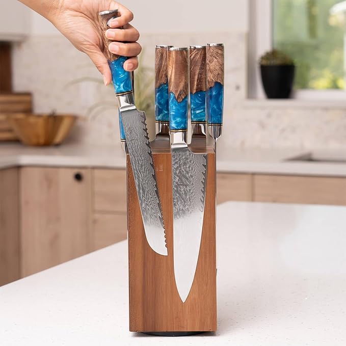 SENKEN Rotating Magnetic Knife Block without Knives, Natural Acacia Hardwood - 360 Degrees Rotation - Ultra Strong Neodymium Magnets, Universal Knife Holder & Storage (Block with Steak Knife Slots)