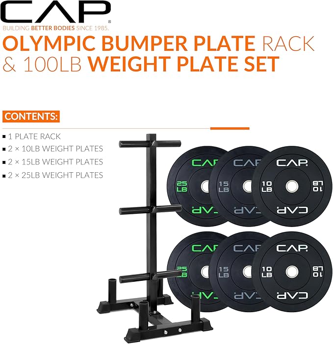 CAP Barbell 2-Inch Olympic Bumper Plate Weight Set with 6 Post Rack | 100-370 lbs | Multiple Options