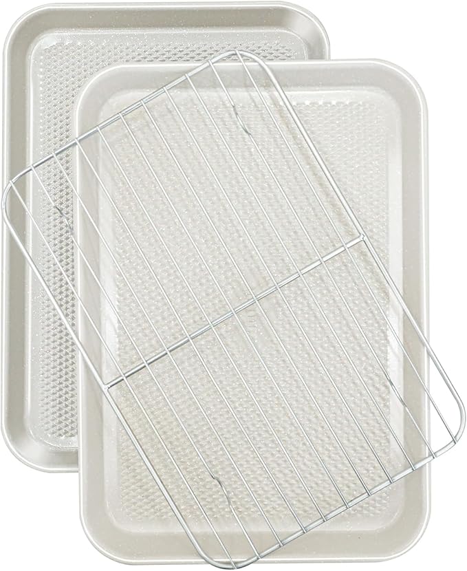 Nonstick 13”x 9” Baking Sheet with Wire Rack, 2-Pack Carbon Steel Quarter Cookie Sheets for Oven, Oven Safe 450°F, Non Warping, Dishwasher Safe, Gift for Baking and Sheet Pans Dinners