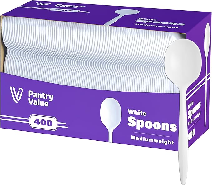 Pantry Value [400 Count] Lightweight White Plastic Spoons - Disposable Cutlery for Parties, Events, and Dinner (Formerly Comfy Package)