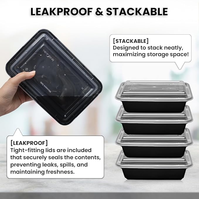 Klex 32 Oz, 150 Sets Meal Prep Containers with Airtight Lids, BPA Free, Reusable Plastic Food Container, 32 oz, Rectangular, Black/Clear, 150 Sets