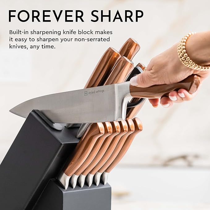 Styled Settings 14-Piece Knife Set with Block & Built-In Sharpener – Ultra-Sharp Full Tang Kitchen Knives – Premium Cooking & Prep Essentials, Copper Handle, Silver Blade & Black Block
