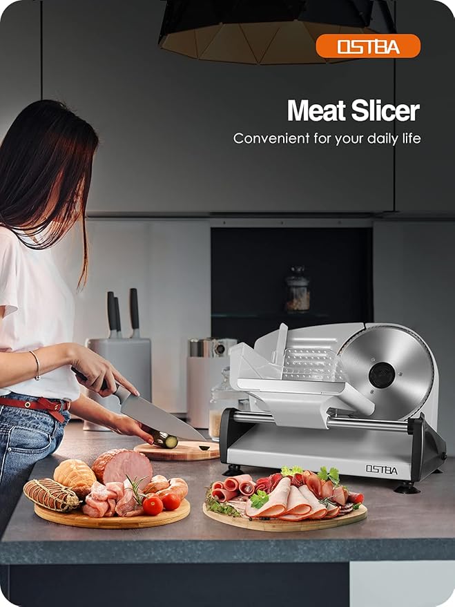 Meat Slicer 200W Electric Deli Food Slicer with 2 Removable 7.5" Stainless Steel Blade, Adjustable Thickness for Home Use, Child Lock Protection, Easy to Clean, Cuts Meat, Bread and Cheese