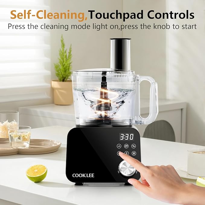 COOKLEE Food Processor, 600 Watts, 6 Functions Electric Vegetable Chopper for Chopping, Mincing, Dicing, Shredding, Slicing, Purees & Dough with 12cup Processor Bowl, Food Chute & Pusher, Black