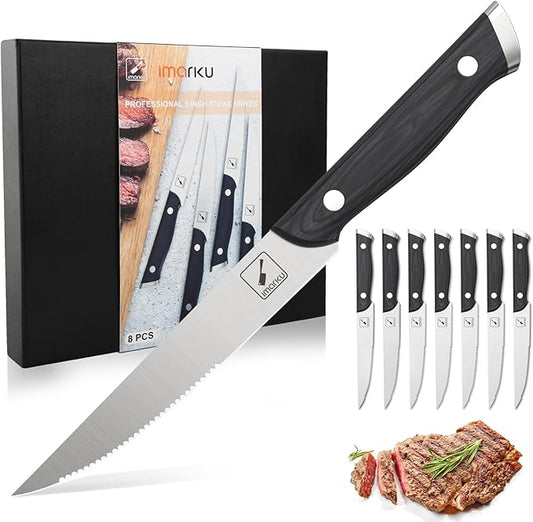 imarku Steak Knives, Steak Knives Set of 8, Serrated Steak Knife Set with Pakkawood Ergonomic Handle, Japanese HC Steel Steak Knife and Gift Box, Best Gift for Christmas&Thanksgiving