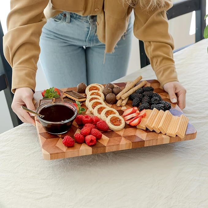 End Grain Wooden Cutting Board for Kitchen 15"x 11" - Walnut Hardwood Chopping Block with Non Slip Grips - Ideal for Charcuterie & Meat Butcher - Handmade 3D Design Wood (0.75" Thick, Large)