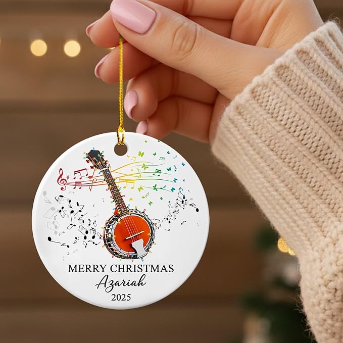 Personalized Banjo Musical Ceramic Ornament Gift for Banjo Player Daughter Son Dad Mom Friends, Customized Text Year Name Banjoist Christmas Ornament 2025, Unique Banjos Instrument Ceramic Ornaments