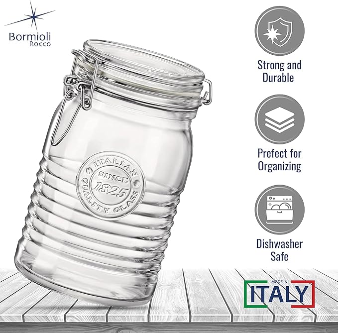 Bormioli Rocco Officina 1825, Set of 3 - Clear Glass Jars with Swing Top - Vintage Industrial Style Airtight Containers for Dry Food Storage, 33.75 Oz, 25.25 Oz, 17 Oz - Dishwasher Safe, Made in Italy