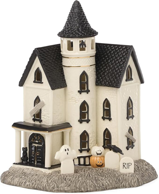 Lenox Vintage Halloween Light-Up Manor Figurine, 8.25-Inch, Porcelain Haunted House, Halloween Decor Indoor, Pumpkins, Ghost, Fall Decor Spooky Table Decoration (1 Piece) 3 AAA Batteries Not Included