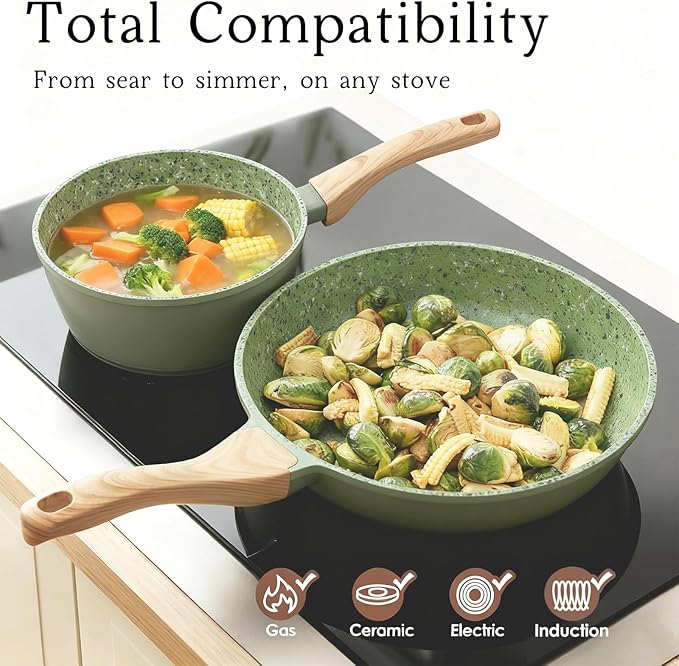 Nonstick Cookware Set, 2-Piece Non-Toxic Coated 10.25 Inch Frying Pan & Saucepan with Lid, PFOA Free Dishwasher Safe, Induction Compatible, Beginner Kitchen Pots and Pans Set, Green