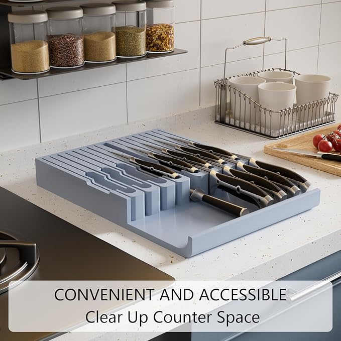 Domax Bamboo In-drawer Knife Block - Knife Drawer Organizer Insert Large Handle Steak Knife Holder, Kitchen Drawer Knife Organizer Fits for 16 knives and 1 Sharpening Steel (Not Included), Gray