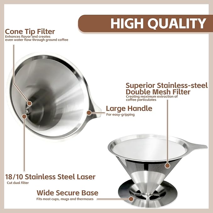 Pour Over Coffee Dripper Stainless Steel Coffee Filter Metal Cone Filter Extra Fine Wire Mesh Reusable Coffee Filter Coffee Maker (Silver, 1-4 Cups)