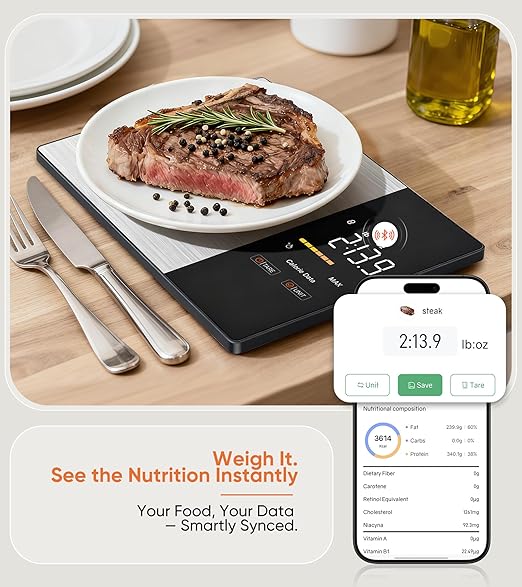 Smart Nutrition Food Scale with LED Display, Tracks Calories, Fat, Carbs & Protein via App, 0.01oz Precision Digital Kitchen Scale for Healthy Eating & Meal Prep