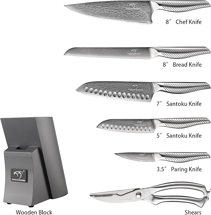 NANFANG BROTHERS® 7 Pieces Damascus Kitchen Knife Set, High Carbon Stainless Steel Damascus Steel Chef Knife Set, Stainless Steel Ergonomic Handle for Chef, Knife Block Set for Chopping NF