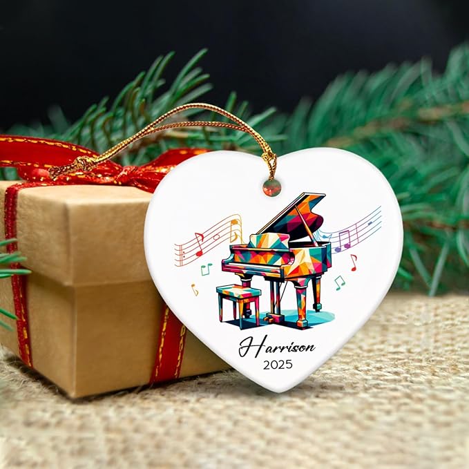 Piano Xmas Tree Ceramic Ornament Gifts for Music Lovers, Personalized Name & Year Piano Player Ornaments 2025, Pianist Ceramic Ornament Christmas Hanging, Custom Musical Instrument Ornaments Decor