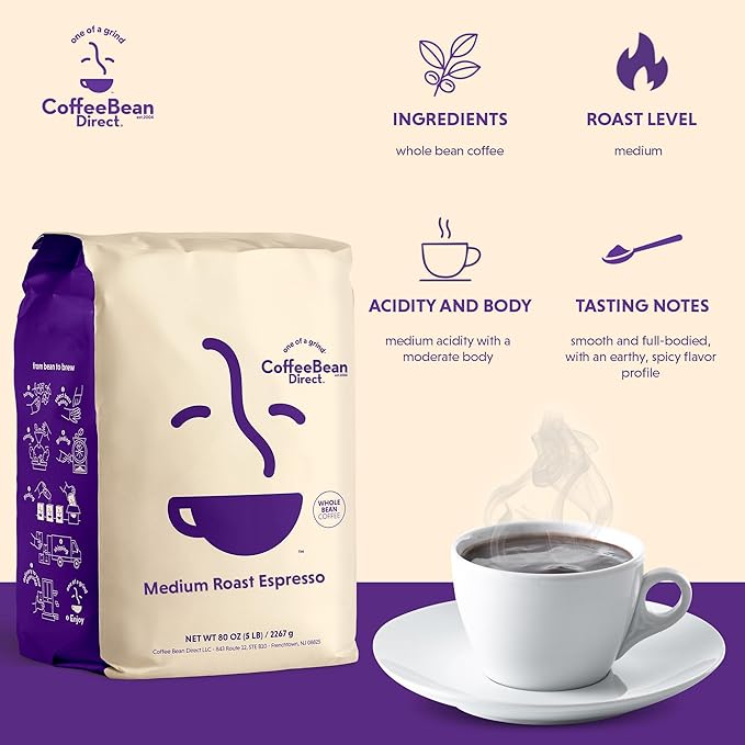 Coffee Bean Direct Medium Roast Espresso, Whole Bean Coffee, Medium Roast, 5 Pound Bag (Pack of 1)