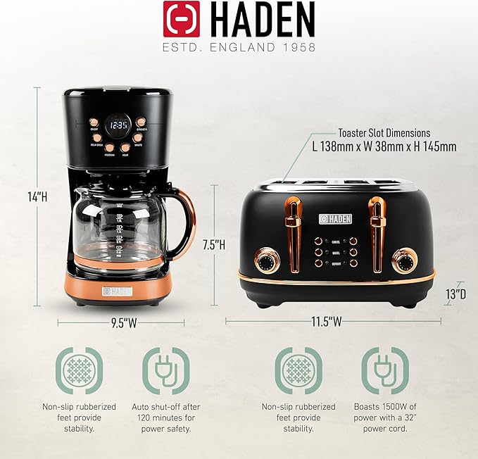 Haden Heritage 4 Slice Wide Slot Stainless Steel Toaster Bundled with 12 Cup Programmable Drip Coffee Maker Coffee Machine, Black & Copper
