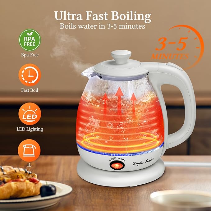 Taylor Swoden Electric Kettle with Tea Infuser, 1L Small Electric Tea Kettle with Keep Warm, LED Light Hot Water Boiler & Heater for Coffee & Tea, Auto Shut-Off & Boil Dry Protection, BPA Free, White