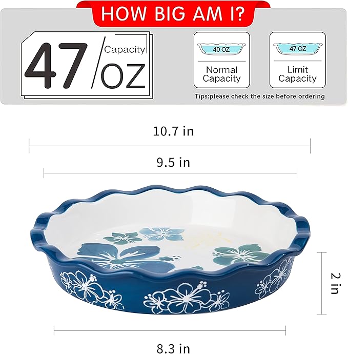 Pie Pan Ceramic Pie Plate, 9 inch Deep Dish Pie Pans, Nonstick Pie Pans for Baking, Blue and White Floral Pie Dish For Kitchen