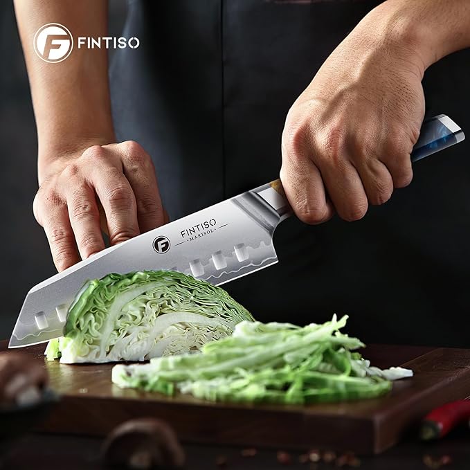 FINTISO Santoku Knife 7 inch Kitchen Knife S35VN Powder Steel Core for Meats Vegetables, 7-Layers Clad Steel Japanese Chef Knife Super Sharp Chopping Knife with Celestial Resin & Wood Handle Best Gift