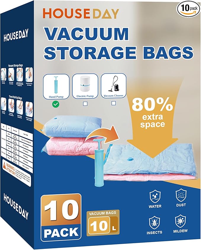 HOUSE DAY 10 Large Vacuum Storage Bags with Pump,Space Saving Vacuum Seal Bags For Clothing Travel, Vacuum Storage Bags For Clothes, Comforters, Blankets, Pillows, Moving, Reusable & Durable,Hand Pump