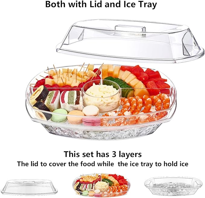 INNOVATIVE LIFE Appetizer Serving Tray on Ice, 15 Inch Party Platter with 4 Ice Cube Tray, Kitchen Chilled Food Bowl with Compartment and Lids for Shrimp, Fruits, Vegetables, Salads, Sushi, Clear