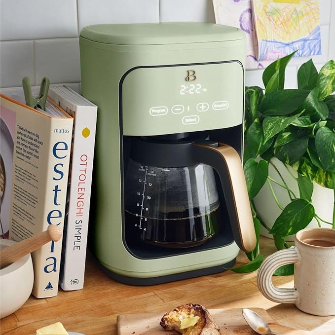 Beautiful 14 Cup Programmable Coffee Maker, Touch Display, 1200W, Brew Strength Control, Keep Warm, Pause & Serve, Glass Carafe, Reusable Filter, Auto Shut-Off, Matte Finish (Sage Green)