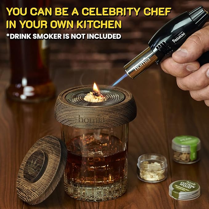 Cocktail Smoker Kit Butane Torch - Premium Quality Wood - Wooden Bar Smoker for Cocktails - Old Fashioned Cocktails, Whiskey or Bourbon, Drinks - Gift for Men