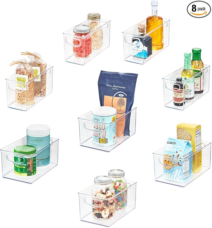 iDesign Stackable Pantry Bins with Handles, 4 Small and 4 Medium Bins, 8 Pack, Clear, Made in USA