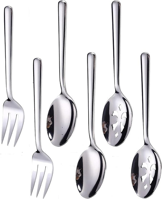 Serving Spoons*2 Slot Spoons* 2 Forks *2 Buffet Colander Stainless Steel Banquet Set, Set of 6. Lenght 9" (6-spoon forks set)