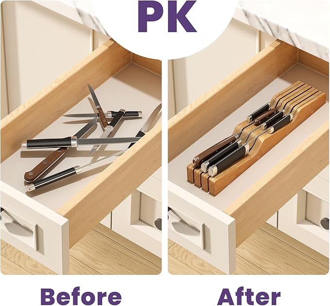 Bamboo In-Drawer Knife Block for 7 Knives(Not Included), Knife Drawer Organizer,Knife Holder Countertop,Block Knife Storage Organizer for Kitchen