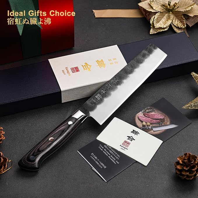7 Inch Nakiri Knife, Black Forged Japanese Cleaver Knife Chefs Knife with High Carbon Stainless Steel, Japanese Nakiri Knife with Full Tang Pakkawood Handle, Christmas Gift with Premium Box