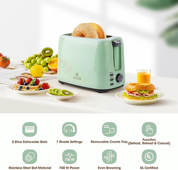 iSiLER 2 Slice Toaster, 1.3 Inches Wide Slot Bagel Toaster with 7 Shade Settings and Double Side Baking, Removable Crumb Tray, Defrost Cancel Function Green