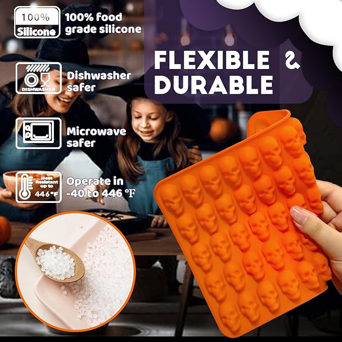 Mini Skull Molds Silicone Halloween for Candy Gummy Chocolate, 200 Cavity 4 pcs Small Head Shapes Freezing Tray Party Wax Melts DIY Moulds BPA Free Treat or Trick Kids Oven Safe