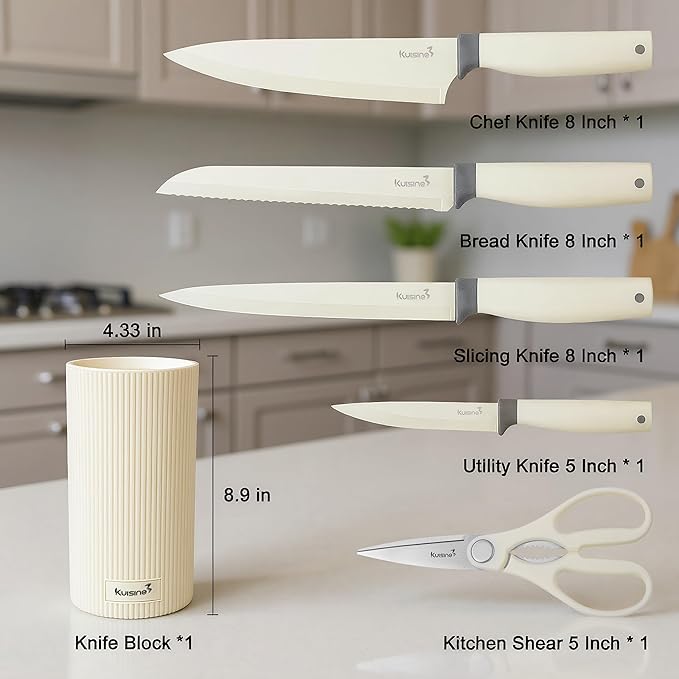KUISINE Sharp Chef Knife Set Upgraded,High Carbon Stainless Steel Ergonomic Handle Knife Set with 3-hole Bottom Block,Easy to Drain and Clean(Ivory Silver Pro,6PCS)