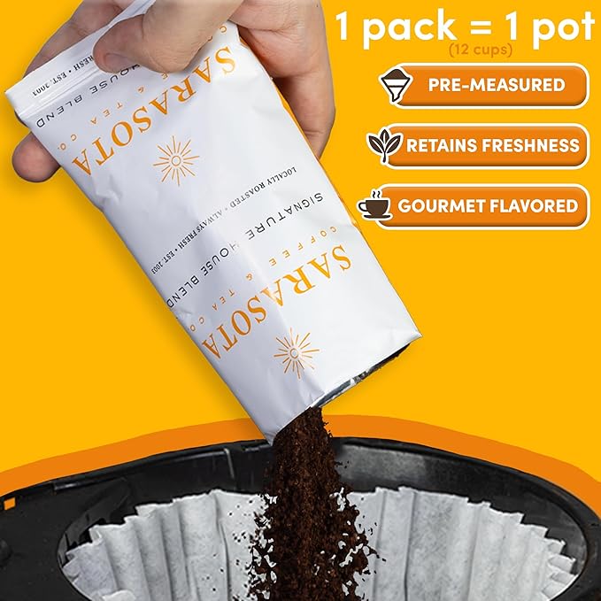Sarasota Coffee Ground Packets | Gourmet Medium Roast Bulk Coffee Packs | Breakfast Blend | Low Acid Mold Free Singles Individual Pouches for 12 Cups Maker | 3 Ounce Bags, 36 Count