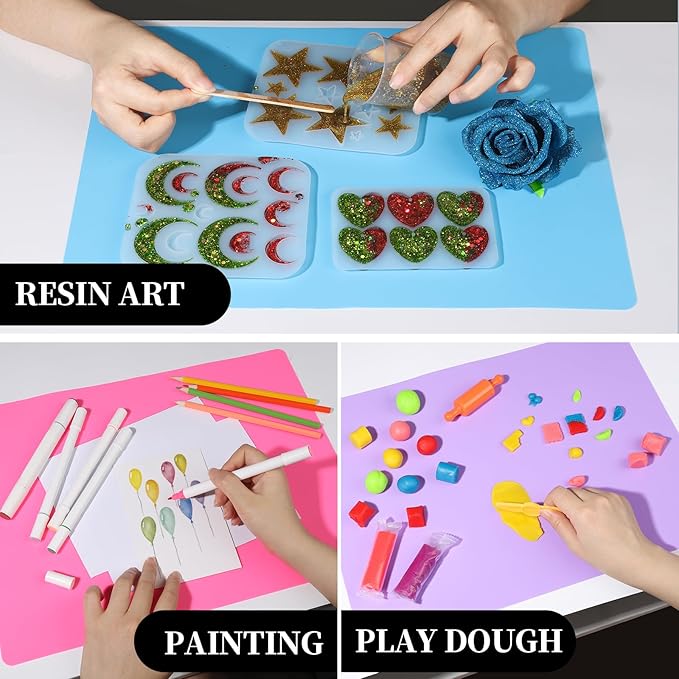 LEOBRO Silicone Mat for Resin Molds, 3 PCS Silicone Mats for Epoxy Resin, UV Resin, Play Dough Mat, Clay Mat, Nonstick Silicone Sheets Pads for DIY Arts and Crafts, Pink & Purple & Blue, 15.7”x 11.7”