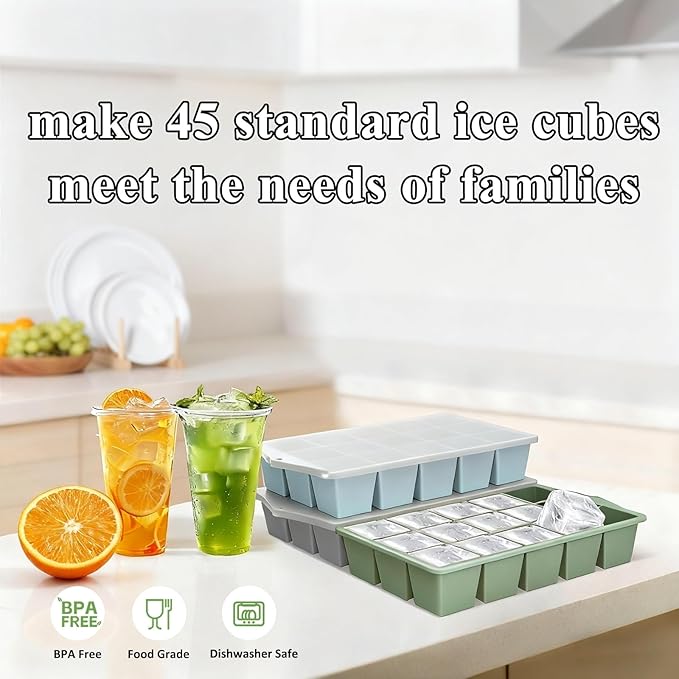 Silicone Ice Cube Tray, 3 Pack Easy-Release Stackable Ice Trays for Freezer with Lid 15 Reusable Cubes, Food Grade BPA Free Ice Molds for Whiskey, Baby Food, Coffee, Cocktail (Blue+Green+Grey)