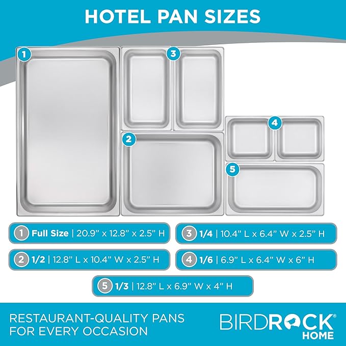 BIRDROCK HOME Stainless Steel Steam Table Pan - Hotel, Restaurant & Catering Supplies - 24 Gauge Steel, 1.8 qt Capacity - Meal Prep, Cooking, & Food Storage Container - 4" Depth, 1/6-Size (6 Pack)