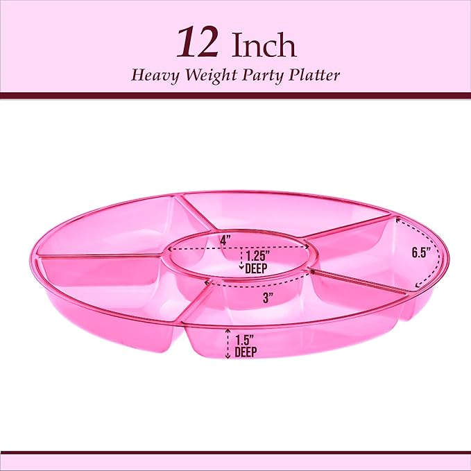 Plasticpro 6 Sectional Round Plastic Serving Tray/Platters Pink Pack of 8