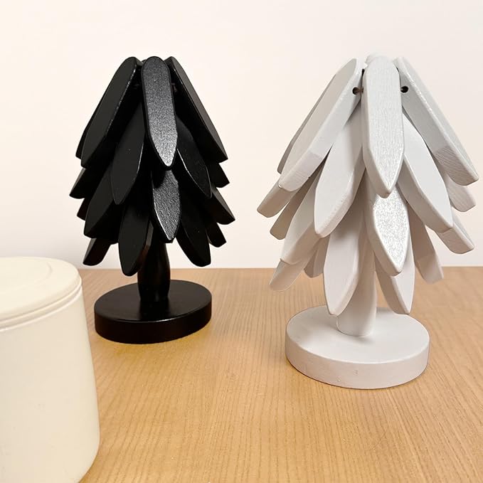Wooden Trivets for Hot Dishes, Tree Shape Trivet Set, 4 Walnut Wood + 1 Stand stored Like a Christmas Tree,Foldable Kitchen Wooden Trivet,for Hot Dishes、Pot、Bowl、Teapot、Hot Pot Holder (Black)