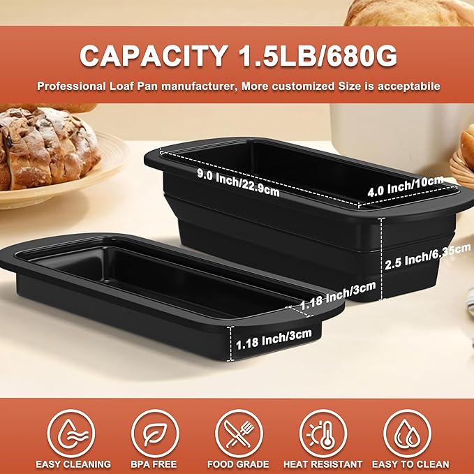 2 Packs of Collapsible Silicone Bread Loaf Pan with Metal Reinforced Rim Support - Nonstick Silicone Baking Mold for Homemade Loaf, Bread and Meatloaf - (9"x4"x2.5", Black, 2 Pieces)